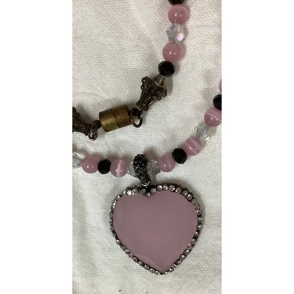 Pink Quartzlike Heart Pendant Necklace with Glass Beads & Magnetic Clasp - Picture 8 of 12